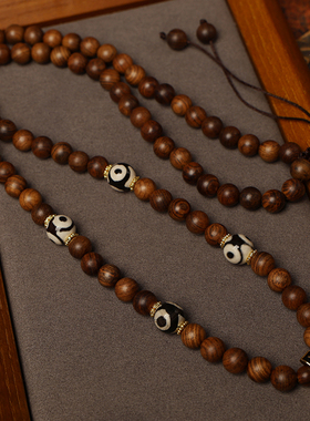 檀木天珠新中式佛牌链檀香木圆珠三眼复古符文快拆吊坠绳唐卡绳子