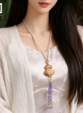 新宋锦葫芦珍珠水晶流苏吊坠项链