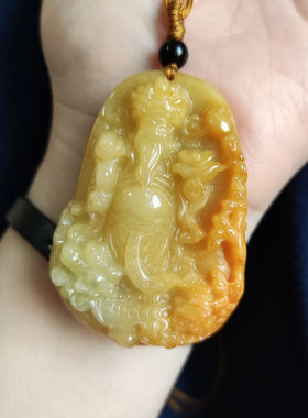 天然玉石吊坠项链黄翡财神爷大件