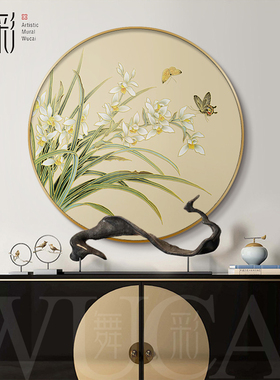 兰花图玄关装饰画圆形花鸟挂画