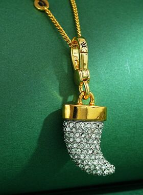 新款潮流金色镶钻号角吊坠立体精致弯月项链时尚男女百搭锁骨潮链