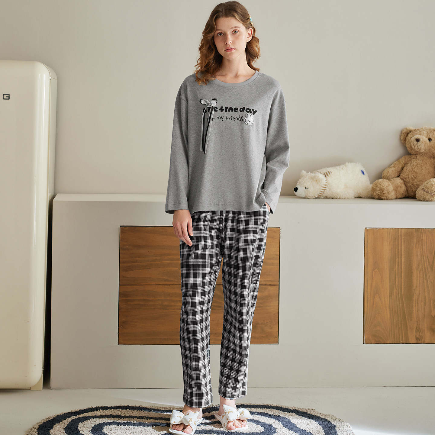 芬腾纯棉女士长袖睡衣春秋季宽松抗静电布朗熊家居服全棉套头套装,淘宝优惠券,粉丝福利购,淘宝优惠卷