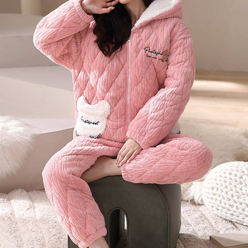 芬腾睡衣女秋冬季珊瑚绒三层夹棉加厚拉链套装女款加绒连帽家居服,淘宝优惠券,粉丝福利购,淘宝优惠卷