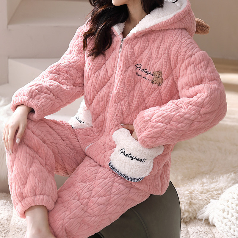 芬腾睡衣女秋冬季珊瑚绒三层夹棉加厚拉链套装女款加绒连帽家居服,淘宝优惠券,粉丝福利购,淘宝优惠卷