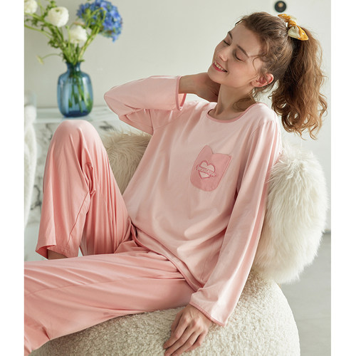 芬腾长袖睡衣女士套头圆领春秋季纯棉韩版清新全棉大码家居服套装 - 图3