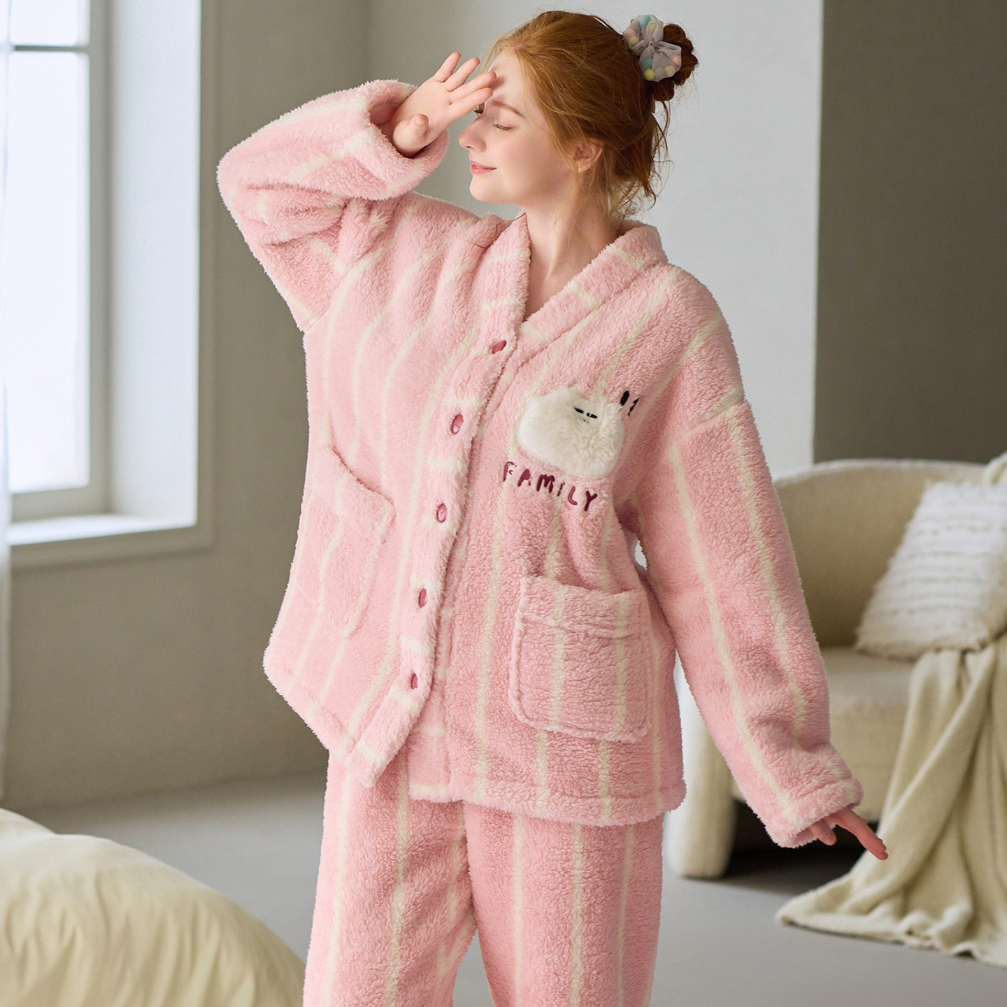 芬腾女士睡衣秋冬季珊瑚绒套装可爱条纹加绒加厚法兰绒女款家居服,淘宝优惠券,粉丝福利购,淘宝优惠卷