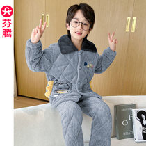 Fenten Boy Clip Cotton Pyjamas Winter Three-layer Thickened Coral Suede Gushed Boy Children Warm Home Suit Suit