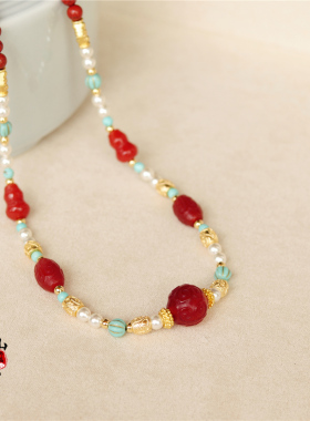 南簪录复古风珍珠红玛瑙项链唐敦煌璎珞新中式国风汉服战国袍配饰