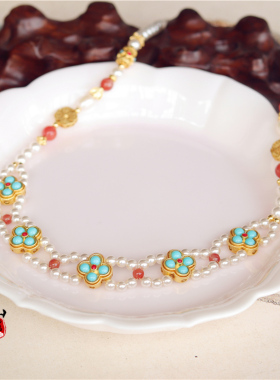 原创古风红玛瑙珍珠双层项链敦煌