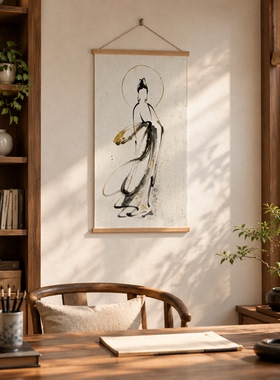 观音菩萨卷轴装饰画电表箱遮挡新中式中古风客厅玄关走廊挂画