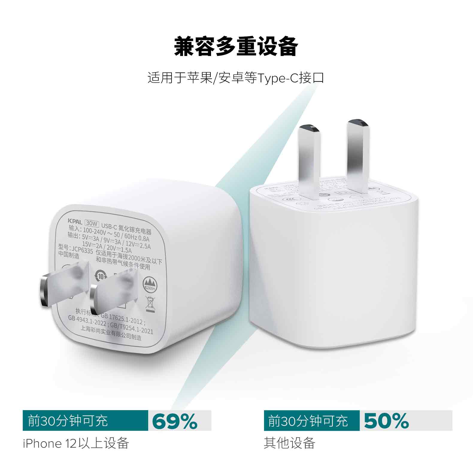 JCPal本朴手机充电器插头Apple30WUSB-C PD双口 快速充电头 氮化镓 适用iPhone/iPad 充电头 华为小米 充电器