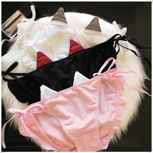 日系软妹新款牛奶丝内裤猫大耳朵可爱内裤天使魔鬼81216女三角裤 - 图0