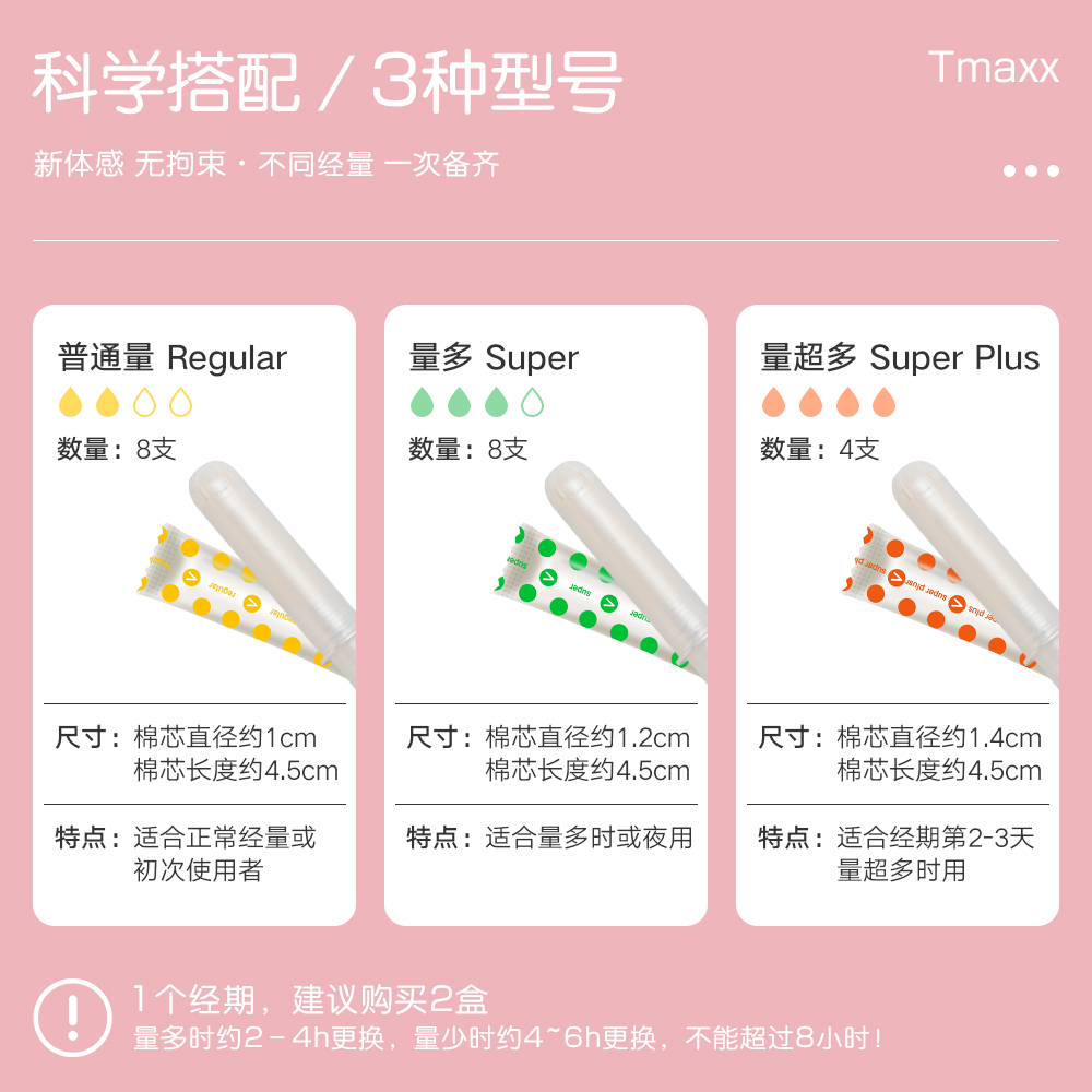 Tmaxx插入卫生巾短导管式卫生棉条月经棉条姨妈棒防水姨妈巾条