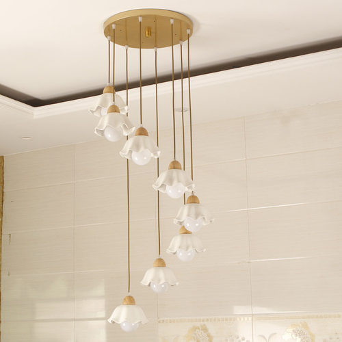 北欧loft小复式客厅别墅陶瓷楼梯间长吊灯日式极简原木三头餐厅灯 - 图1