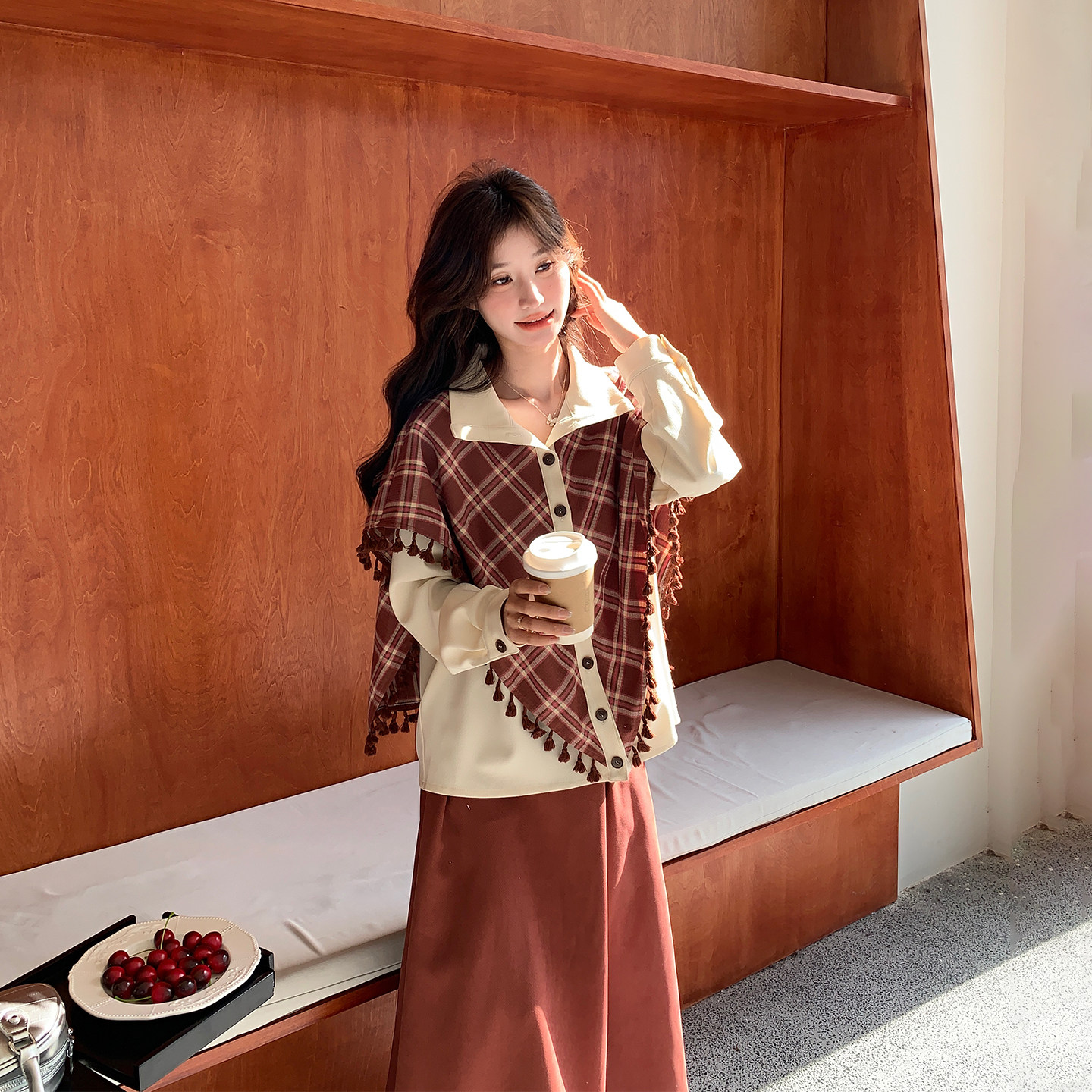 甜美气质格纹披肩斗篷衬衫套装女春季2026新款一整套半身裙两件套,淘宝优惠券,粉丝福利购,淘宝优惠卷