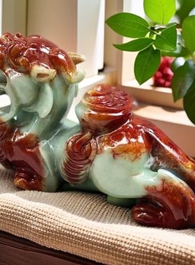 天然玉石貔貅摆件岫玉貔貅玄关摆设店铺开业礼品客厅公母一对皮丘