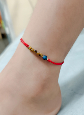 本命年红绳脚链男款蓝闪电虎眼石轻奢小众精致脚链礼物洗澡不用摘