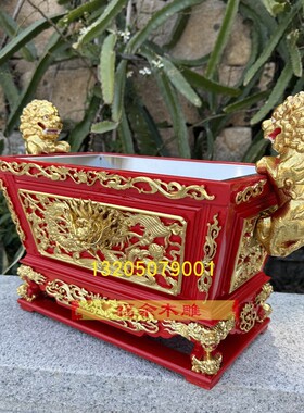 马槽炉红色安金木雕香炉家用寺庙用大香炉四方炉双色龙头双狮实木