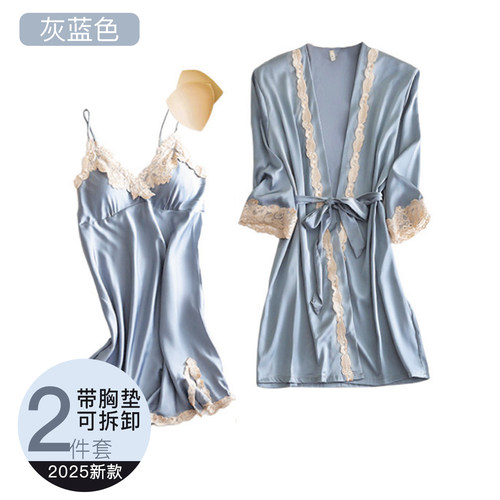 冰丝睡衣女性感夏款五件套仿丝绸睡袍带胸垫睡裙春秋季家居服套装 - 图0