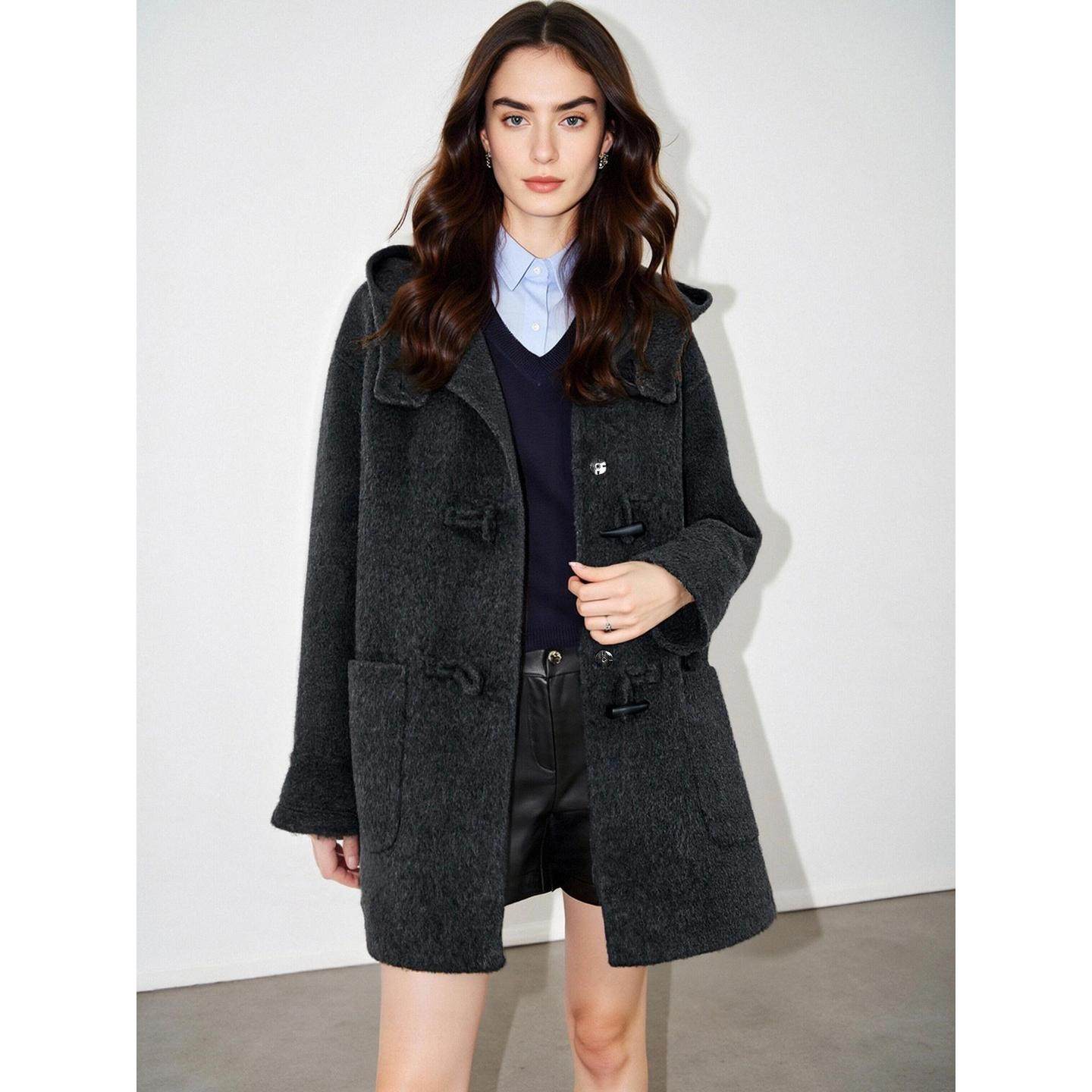 Basic House/百家好暗灰色双面羊毛呢子大衣女冬季加厚牛角扣外套,淘宝优惠券,粉丝福利购,淘宝优惠卷