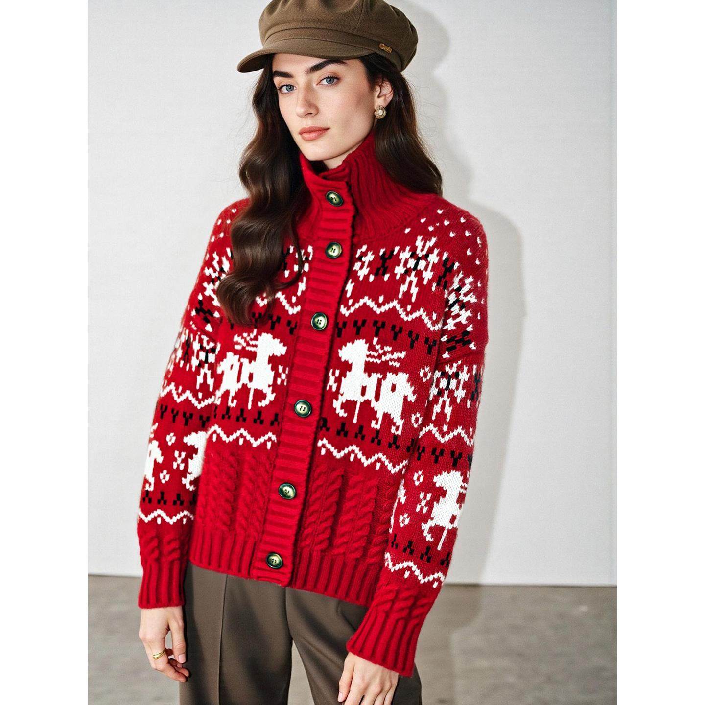 Basic House/百家好新年红提花高领羊绒针织开衫女冬羊毛毛衣外套,淘宝优惠券,粉丝福利购,淘宝优惠卷