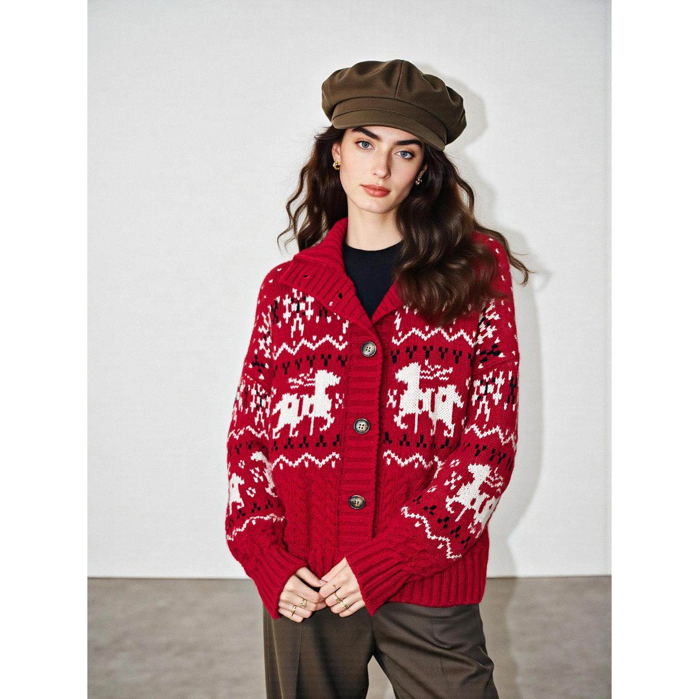 Basic House/百家好新年红提花高领羊绒针织开衫女冬羊毛毛衣外套,淘宝优惠券,粉丝福利购,淘宝优惠卷