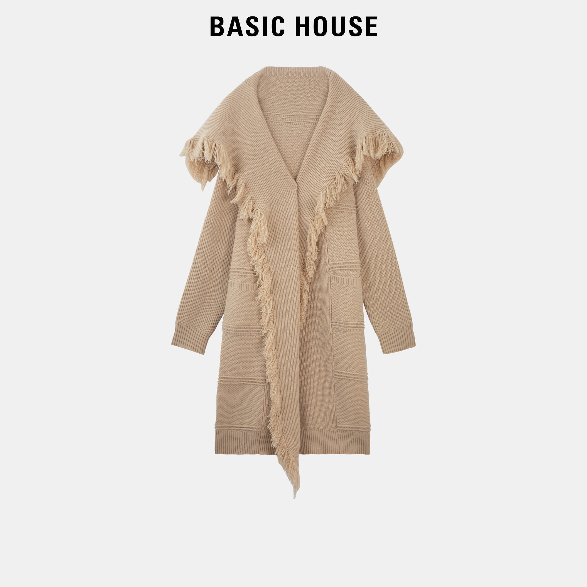 Basic House/百家好流苏围巾领针织开衫女春季慵懒风毛衣外套