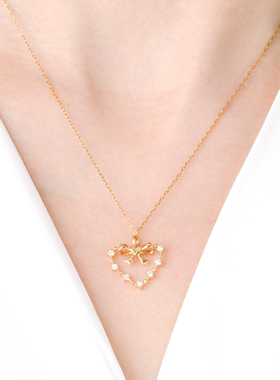 FIICCI 18k黄金爱心挂坠au750新品钻石锁骨链蝴蝶结项链生日礼物