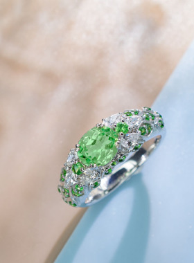 FIICCI菲伊奇 天然沙弗莱石9K金镶嵌钻石戒指薄荷绿宝石钻戒指