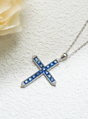 FIICCI菲伊奇 皇家蓝天然蓝宝石十字架18K白金锁骨链项链无边镶