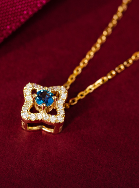 天然蓝宝石18K黄金钻石吊坠项链