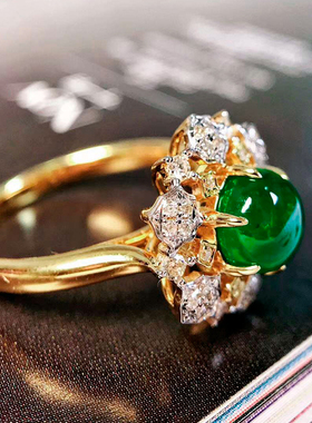 FIICCI天然祖母绿钻石18K黄金戒指素面蛋面正圆形绿宝石钻戒礼物