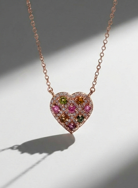 FIICCI菲伊奇 天然彩色碧玺925纯银爱心项链锁骨链送女友闺蜜礼物