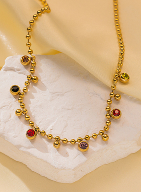 法式钛钢高保色锁骨链女复古彩色宝石圆钻项链高级感不掉色毛衣链