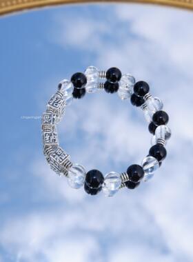 新中式天然黑曜石白水晶手链精美