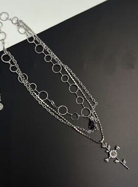 法式玫瑰十字架吊坠镶钻多层项链女高级感轻奢小众锁骨颈链配饰潮