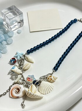 夏日海边蓝色水晶贝壳项链女小众海星海螺度假风叠戴短款锁骨链