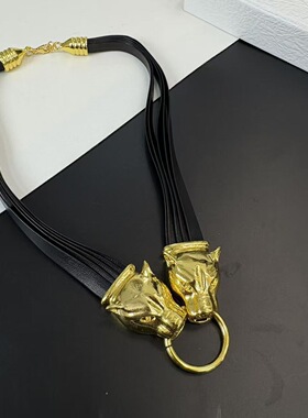 法式复古黑色多层皮质宽版项链女辣妹小众夸张豹子头吊坠锁骨链潮