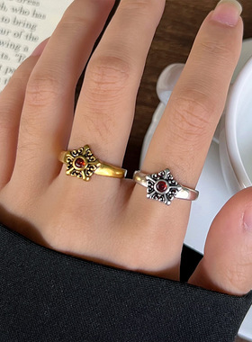 不掉色轻奢饰品古金手饰简约休闲开口925纯银戒指女指环高贵潮饰