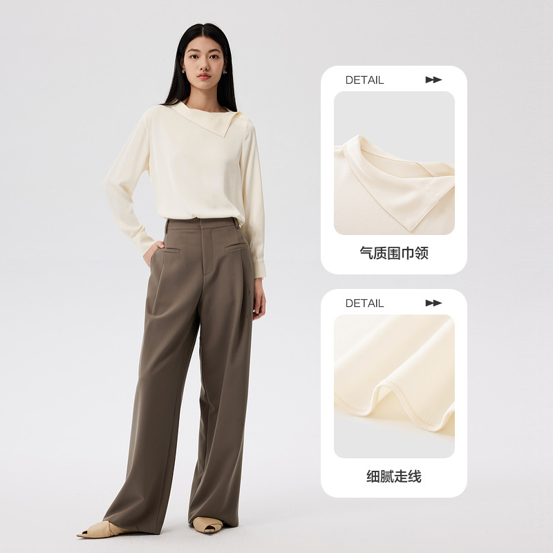 水云间杏色长袖衬衫女醋纤衬衣不规则设计感雪纺衫上衣2025秋新款