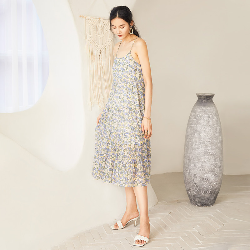 印花雪纺水云间中长款无袖吊带裙子 sedate连衣裙