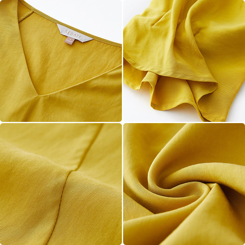 水云间宽松v领t恤女褶皱纯色上衣 sedateT恤