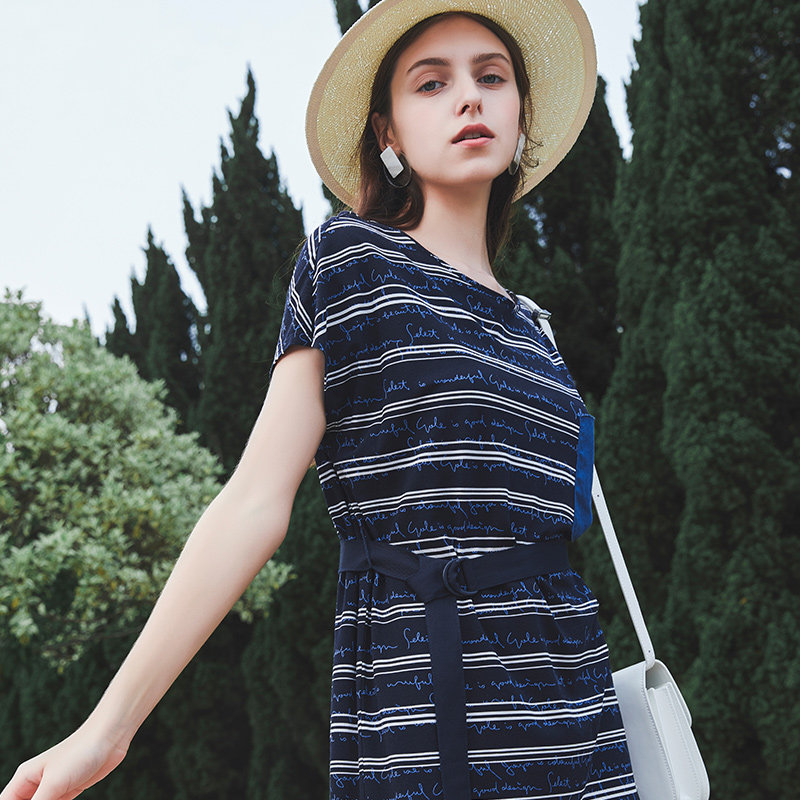 短袖收腰条纹显瘦中长裙 sedate连衣裙