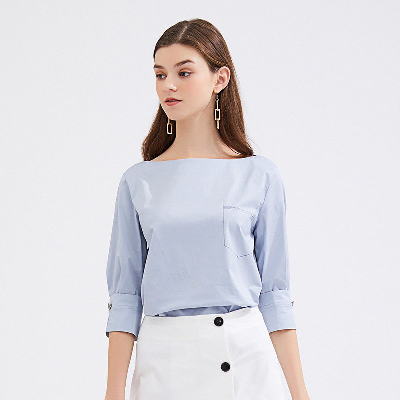 水云间纯色一字领衬衫字母2020纽扣 sedate衬衫