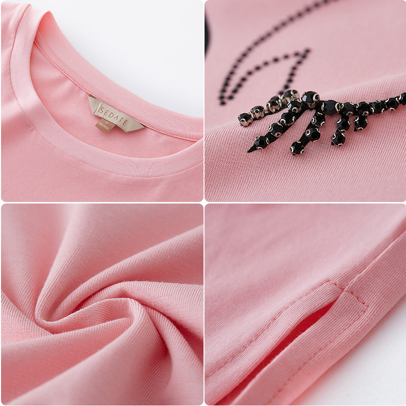 圆领短袖t恤女宽松镶钻棉质打底衫 sedateT恤