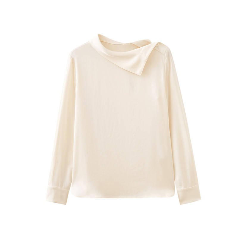 水云间杏色长袖衬衫女醋纤衬衣不规则设计感雪纺衫上衣2025秋新款