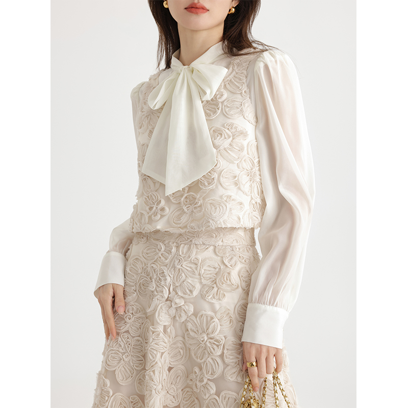 签儿 法式重工刺绣叠穿马甲背心上衣高腰a字裙长款半身裙两件套装 - 图1