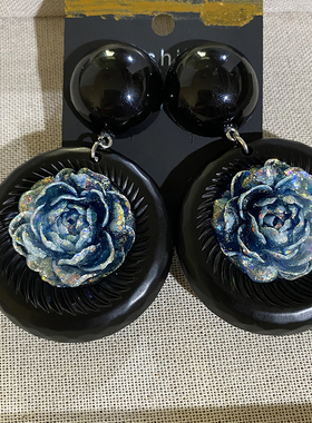 蓝色花朵黑色木质手工圆圈大耳环复古个性夸张御姐冷淡耳坠耳饰