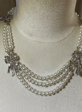 欧美大牌珍珠蝴蝶结夸张项链简约气质闪钻锁骨链配饰高级感颈链