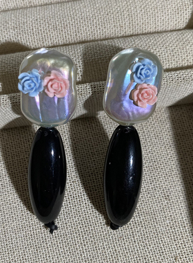 欧韩手作黑色水滴花朵珍珠耳环高级感时尚个性淡人高知穿搭耳饰